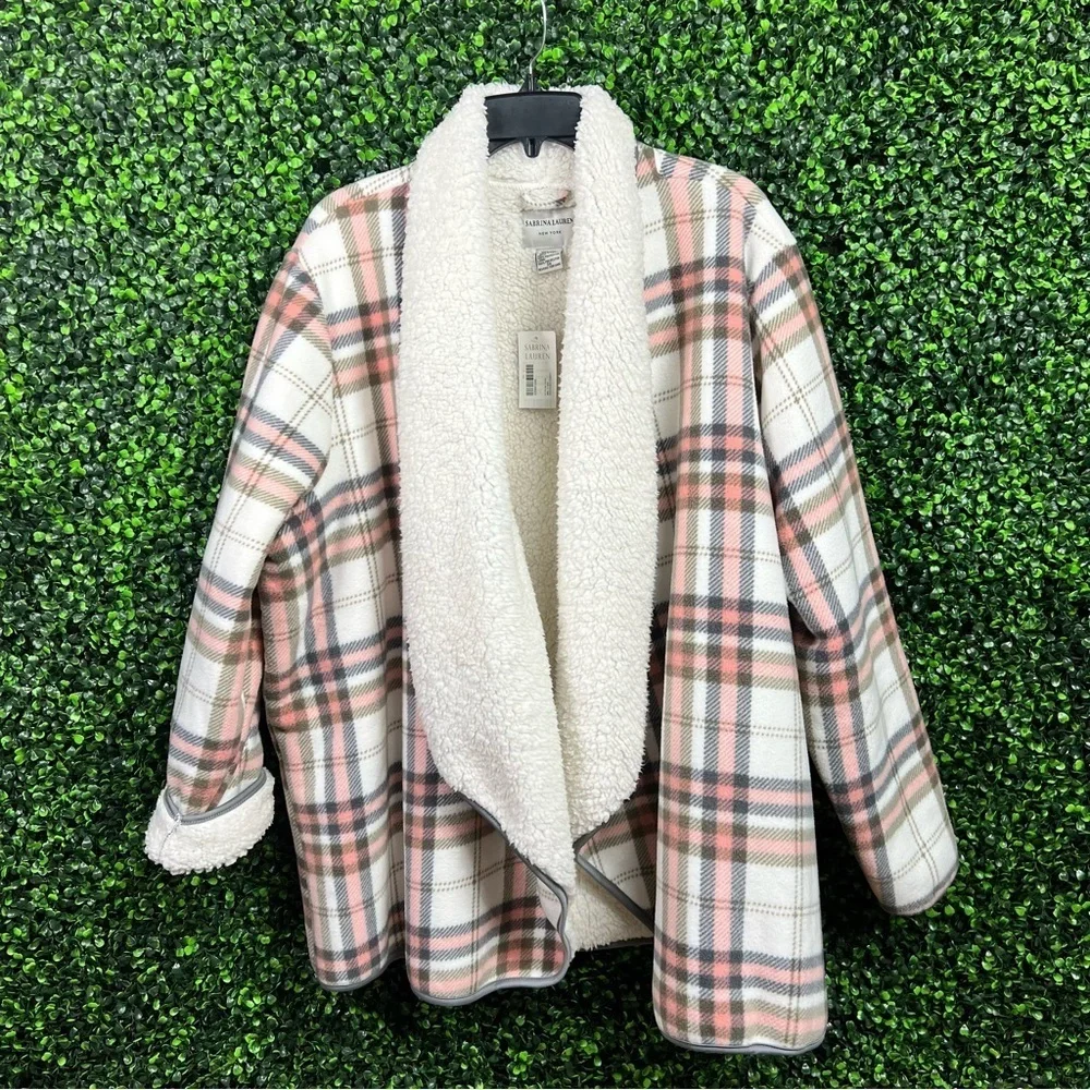 SABRINA LAUREN NEW YORK | Plaid & Faux Sherpa Wrap Coat (Cream/Pink/Grey) - Picture 2 of 7